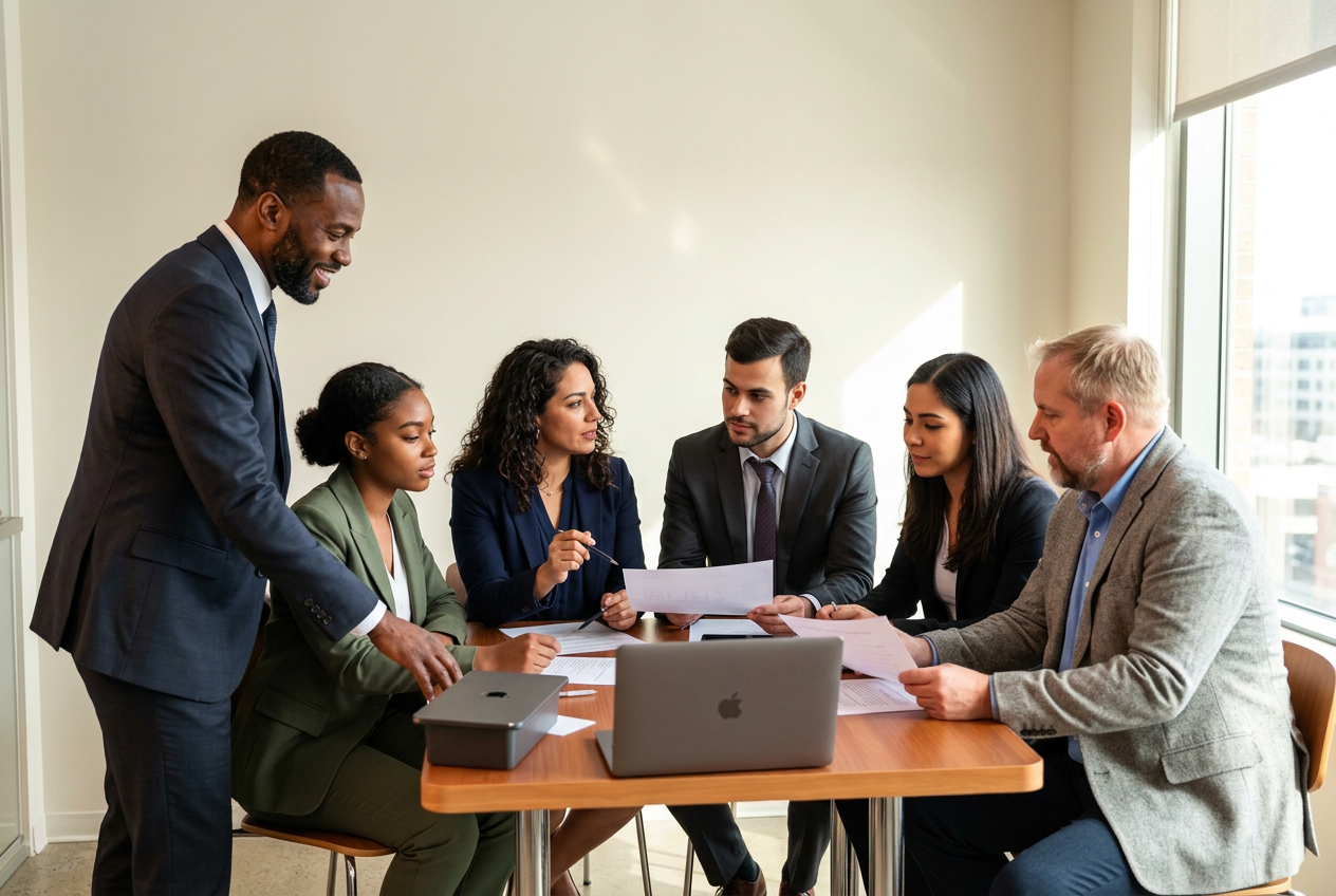 Advisors and leaders working through a briefing together
